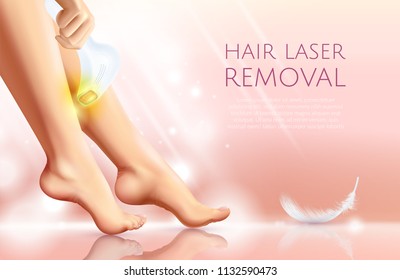 Epilation procedure realistic poster with feminine legs and laser epilator for hair removal in work vector illustration 