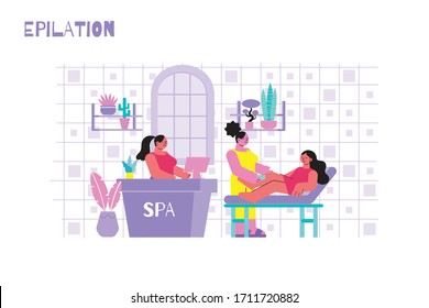 Epilation salon flat composition with indoor view of room with furniture and characters of shaving women vector illustration