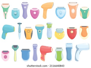 Epilator icons set cartoon vector. Laser depilation. Skincare treatment