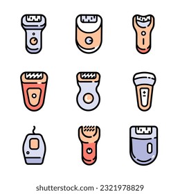 Epilator icons set color vector. Skincare treatment. Laser depilation.