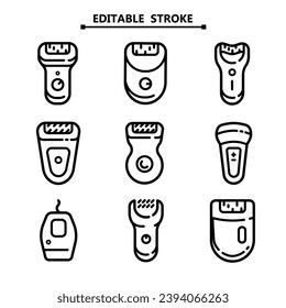 Epilator icons set outline vector. Skincare treatment. Laser depilation. Editable stroke.