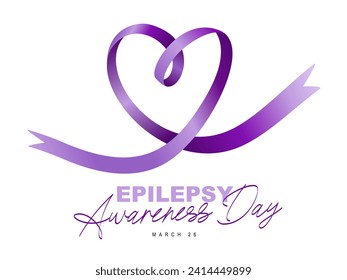 Epilepsy Awareness Day, March 26. The purple ribbon formed into a beautiful heart. Chronic brain disease. Vector illustration on a white background.