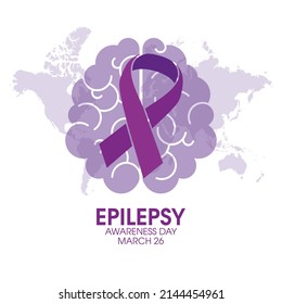 Epilepsy Awareness Day on March 26 vector. Human brain with purple awareness ribbon icon vector isolated on a white background. Important day