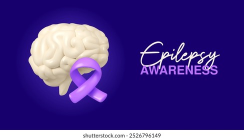 Epilepsy awareness month banner. Vector 3d cartoon illustration, brain and purple ribbon, epilepsy prevention concept