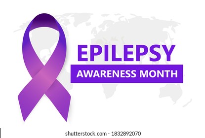 Epilepsy Awareness Month concept vector for medical banner, website. Event is celebrated in November. Big purple ribbon on the grey world map.