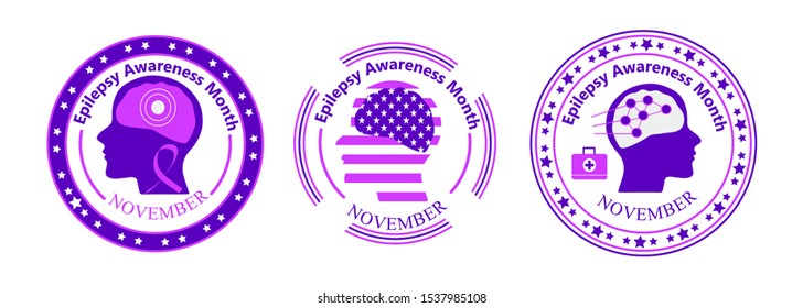 Epilepsy Awareness Month is organized on November in USA. Brain, stars are shown. Set of round emblems vector with head silhouette for banner, flyer, web.