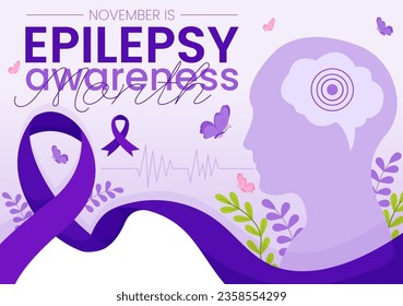 Epilepsy Awareness Month Vector Illustration is Observed Every Year in November with Brain and Mental Health in Flat Cartoon Purple Background