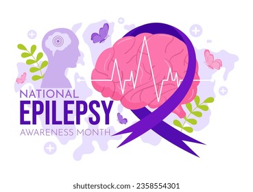 El mes de la conciencia sobre la epilepsia se observa la ilustración del vector todos los años en noviembre con el cerebro y la salud mental en caricatura plana fondo púrpura