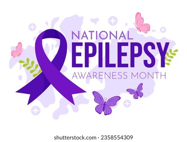 El mes de la conciencia sobre la epilepsia se observa la ilustración del vector todos los años en noviembre con el cerebro y la salud mental en caricatura plana fondo púrpura