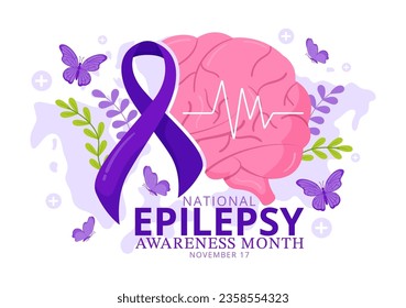 Epilepsy Awareness Month Vector Illustration is Observed Every Year in November with Brain and Mental Health in Flat Cartoon Purple Background