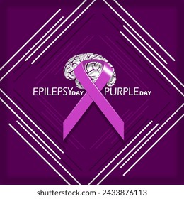 Epilepsy Awareness or Purple Day event banner. Purple ribbon with a brain and bold text in frame on dark purple background to commemorate on March 26