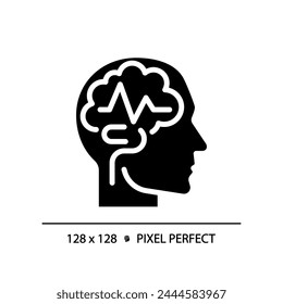 Epilepsy brain black glyph icon. Seizure medical condition. Cognitive development, mental wellness. Geriatric neurology. Silhouette symbol on white space. Solid pictogram. Vector isolated illustration