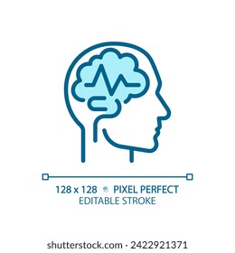 Icono azul claro de la epilepsia del cerebro. Convulsión médica. Desarrollo cognitivo. Neurología geriátrica. Signo de color RGB. Diseño sencillo. símbolo Web. Línea de contorno. Ilustración plana. Objeto aislado