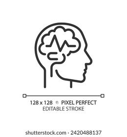 Epilepsy brain linear icon. Seizure medical condition. Cognitive development, mental wellness. Geriatric neurology. Thin line illustration. Contour symbol. Vector outline drawing. Editable stroke