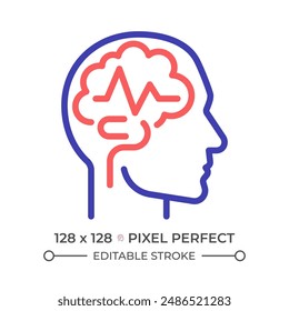 Epilepsy brain two color line icon. Seizure medical condition. Cognitive development. Geriatric neurology bicolor outline symbol. Duotone linear pictogram. Isolated illustration. Editable stroke