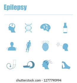 Epilepsy.  Causes, symptoms, diagnosis . Flat icons set. Vector illustration.