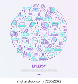 Epilepsy Concept In Circle With Thin Line Icons Of Symptoms And Treatments: Convulsion, Disorder, Dizziness, Brain Scan. World Epilepsy Day. Vector Illustration For Banner, Web Page, Print Media.