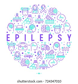 Epilepsy Concept In Circle With Thin Line Icons Of Symptoms And Treatments: Convulsion, Disorder, Dizziness, Brain Scan. World Epilepsy Day. Vector Illustration For Banner, Web Page, Print Media.