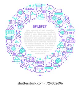 Epilepsy Concept In Circle With Thin Line Icons Of Symptoms And Treatments: Convulsion, Disorder, Dizziness, Brain Scan. World Epilepsy Day. Vector Illustration For Banner, Web Page, Print Media.