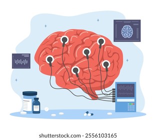 Epilepsy concept. Treatment nervous system. Electroencephalography. Brain Connected to Display with EEG Indication. Vector illustration in flat cartoon style.