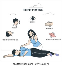 El concepto de epilepsia de la mujer ayuda al hombre a temblar por síntomas de epilepsia, convulsiones, enfermedades. epilepsia durante ataque convulsivo, joven asiática o cuidado materno de paciente de niña, cerebro, concepto de sistema nervioso