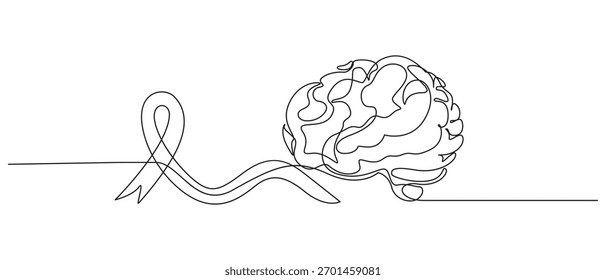 epilepsy day concept one line art drawing,Continuous Line Drawing of a Human Head with Brain and Thought Process