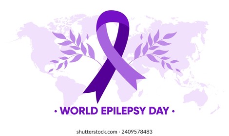 Epilepsy day poster with ribbon and earth map. Purple Day. World Epilepsy Day. Purple ribbon. Epilepsy Month