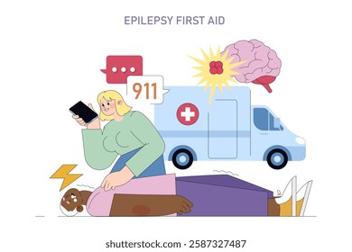 Epilepsy First Aid illustration. This scene portrays immediate response actions for aiding someone experiencing a seizure. It includes emergency calling, supportive positioning, and timely medical