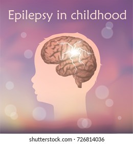 Epilepsy In Infants, Childhood. Vector Medical Illustration. Kid, Baby, Childhood. Blurred Pink Background, Silhouette Of Child Head, Anatomy Image Of Brain, Electrical Discharge.