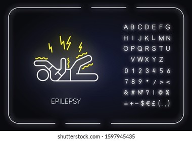 Epilepsy neon light icon. Convulsive seizure. Shaking and tremor. Movement trouble. Epileptic stroke. Mental disorder. Glowing sign with alphabet, numbers and symbols. Vector isolated illustration