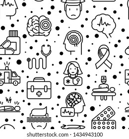 Epilepsy seamless pattern with thin line icons of symptoms and treatments: convulsion, disorder, dizziness, brain scan. World epilepsy day. Vector illustration for banner, web page, print media.