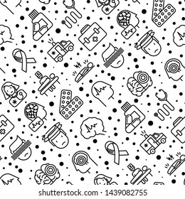 Epilepsy seamless pattern with thin line icons of symptoms and treatments: convulsion, disorder, dizziness, brain scan. World epilepsy day. Vector illustration for banner, web page, print media.