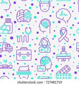 Epilepsy seamless pattern with thin line icons of symptoms and treatments: convulsion, disorder, dizziness, brain scan. World epilepsy day. Vector illustration for banner, web page, print media.