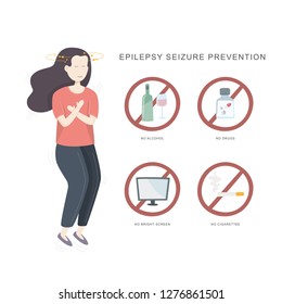 Epilepsy seizure pervention. Illustration of woman having seizure and set of icons how to avvoid epilepsy seizure. Vector illustration.