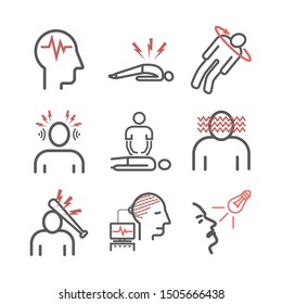 Epilepsy. Symptoms, Treatment. Line Icons Set. Vector Signs For Web Graphics.