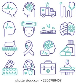 Epilepsy thin line icons set of symptoms and treatments: convulsion, disorder, dizziness, brain scan. World epilepsy day. Vector illustration.