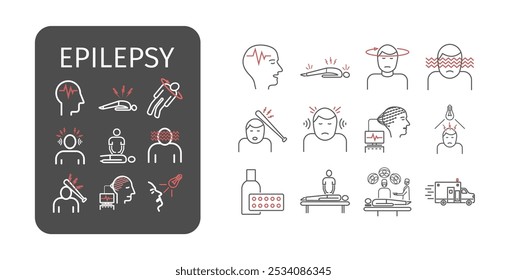 Conjunto de ícones de linha fina de epilepsia. Sintomas e tratamentos: convulsão, distúrbio, tontura, cintilografia cerebral. Sinais de vetor para gráficos da Web.