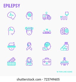 Epilepsy Thin Line Icons Set Of Symptoms And Treatments: Convulsion, Disorder, Dizziness, Brain Scan. World Epilepsy Day. Vector Illustration.