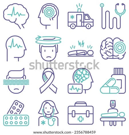 Epilepsy thin line icons set of symptoms and treatments: convulsion, disorder, dizziness, brain scan. World epilepsy day. Vector illustration. Stock photo © 