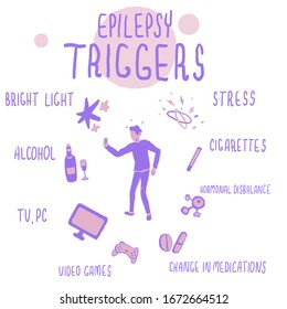 Epilepsy triggers text list on white isolated backdrop. Infographic for social banner, medical poster, info card or social network post. T shirt or hoody print. Minimal style stock vector illustration