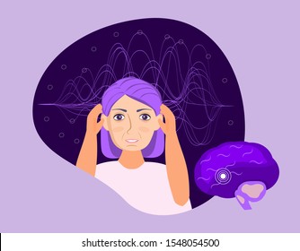 Epilepsy Woman, Neurology Health Care. Migraine, Terrible Headache Concept Vector. The Impulses In The Brain On Purple Background For Banner, Flyer, Web. Epilepsy International Day, Week, Month.