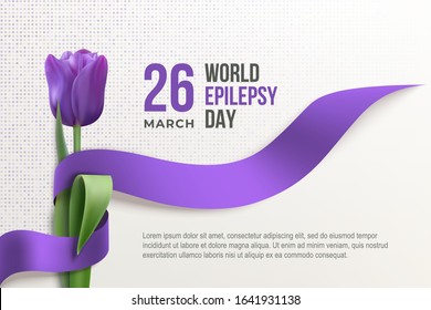 Epilepsy world day horizontal poster with photorealistic violet ribbon, tulip on a light background. 26 March violet day. Vector illustration. Epilepsy disease awareness template with place for text.