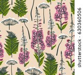 Epilobium angustifolium, Angelica, Polypodiophyta. Seamless pattern with forest and field plants and flowers. Angelica, fern, fireweed. Background with medical herbs. Vector illustration.
