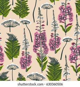 Epilobium angustifolium, Angelica, Polypodiophyta. Seamless pattern with forest and field plants and flowers. Angelica, fern, fireweed. Background with medical herbs. Vector illustration.