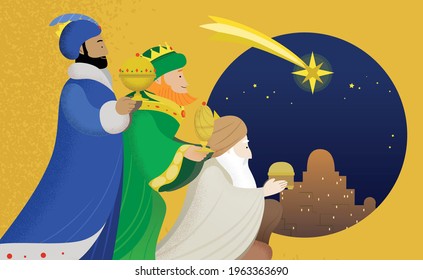 Epiphany celebration flat vector illustration. The Three Wise Men, or Magi, or Three Kings, presenting gifts. In the background, the city of Bethlehem at night and the Star of Bethlehem. Bible story.