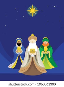 Epiphany celebration flat vector illustration. The Three Wise Men, Magi, Three Kings, under the Star of Bethlehem. Melchior, Caspar and Balthasar carrying presents. Story from the Bible.