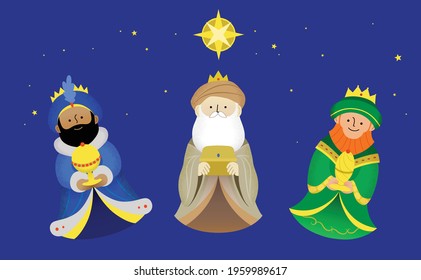 Epiphany celebration vector flat illustration. The Three Wise Men, or Three Kings, or biblical Magi, under the Bethlehem star carrying presents. Cute isolated characters. Melchior, Caspar, Balthazar.