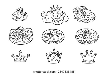 Epiphany contour doodle drawings set with festive pies, crowns, and baked goods. Perfect for celebrations, coloring books, and festive design projects. Vector hand drawn composition