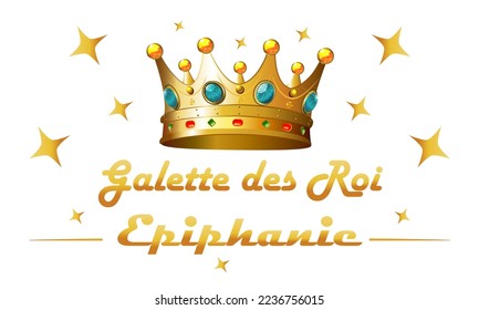 Epiphany Galette des Roi Typografie und Krone, Vektorgrafik.