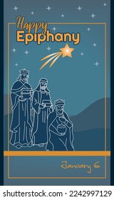 Epiphany, Happy king's day, the Three kings following the star. Reyes magos, vector illustration